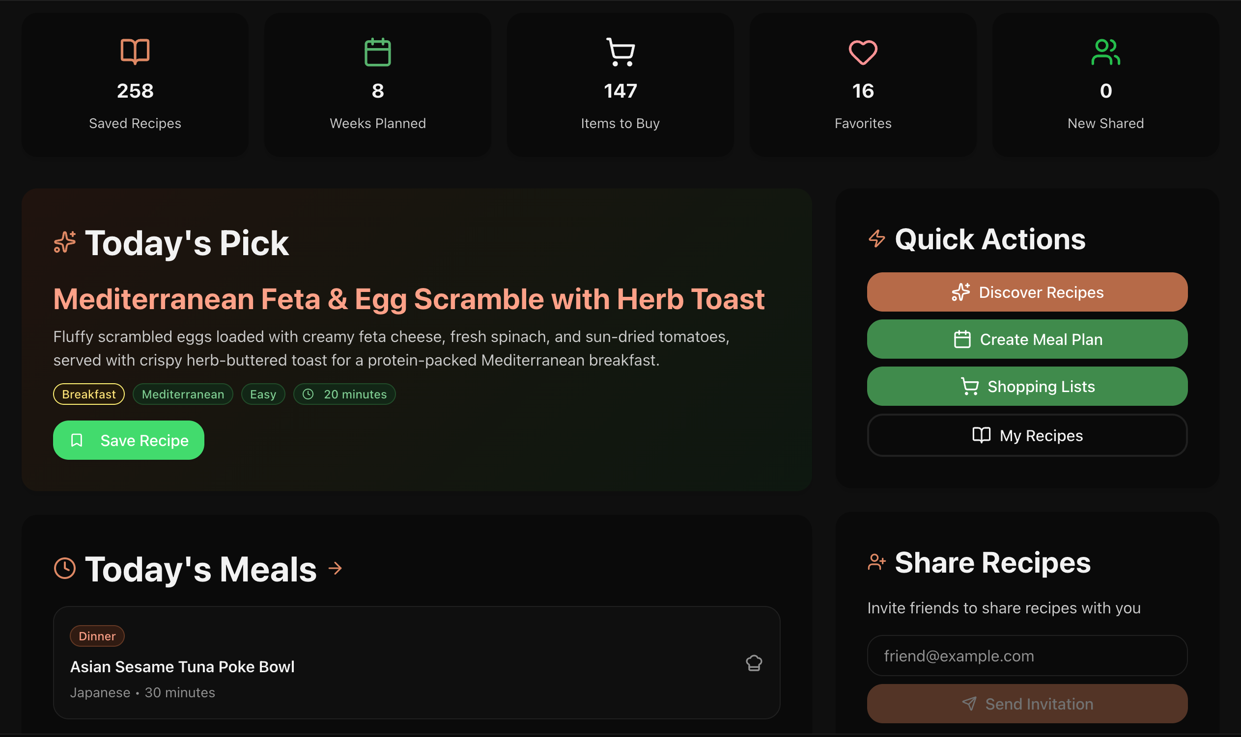 PlatePath AI dashboard showing upcoming meals, meal planning progress, favorite recipes, and quick access to meal planning features